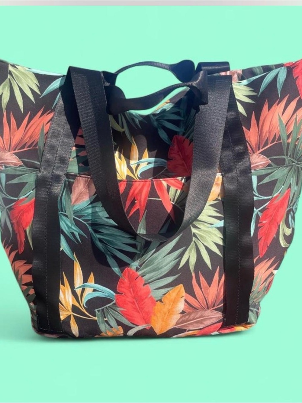 Shade & Shore Black Floral Canvas Tote with Red, Orange and Green Leaf Print